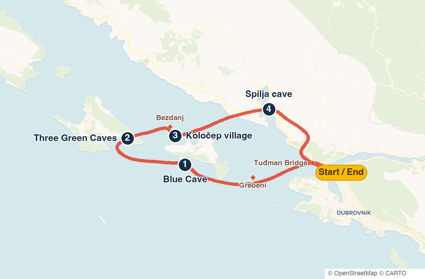 Blue Cave tour route map: loop from Marina Frapa under the Tuđman Bridge to the Blue Cave, Three Green Caves, Koločep village and Spilja cave in Zaton, returning to Marina Frapa